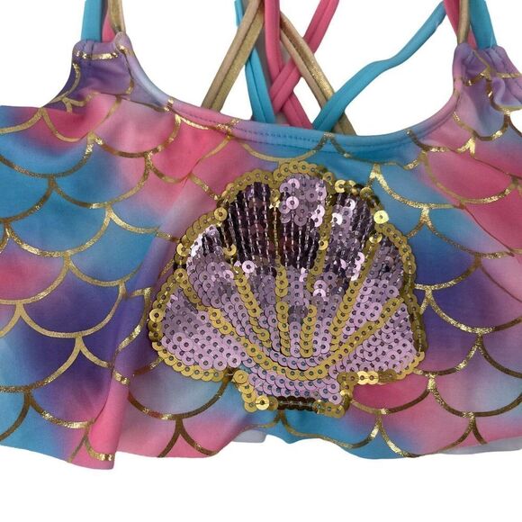 Betsey Johnson Bikini Top Mermaid Girls Size Small 7/8 Sequin Shell Ruffle Swim - Picture 3 of 7